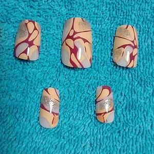 Press on nails red cream nude glitter nail set abstract